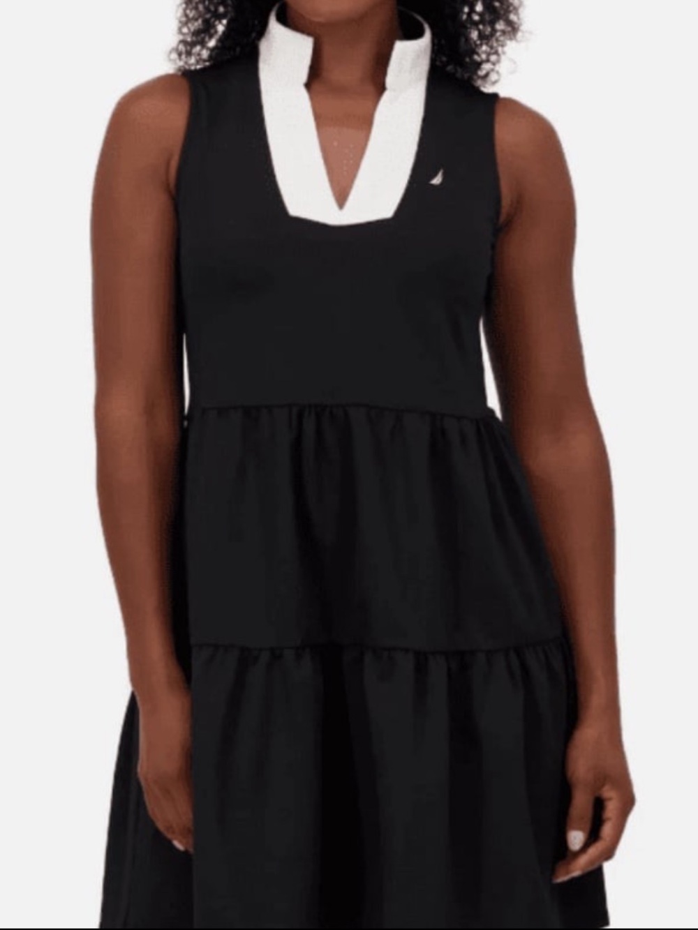 Nautica Sleeveless Black Tiered Dress with White Notch Collar